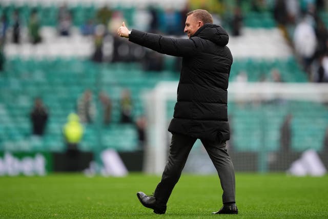 Celtic manager Brendan Rodgers gestures towards the fans after the Premier Sports Cup, quarter-final match at Celtic Park, Glasgow. Picture date: Sunday September 22, 2024.