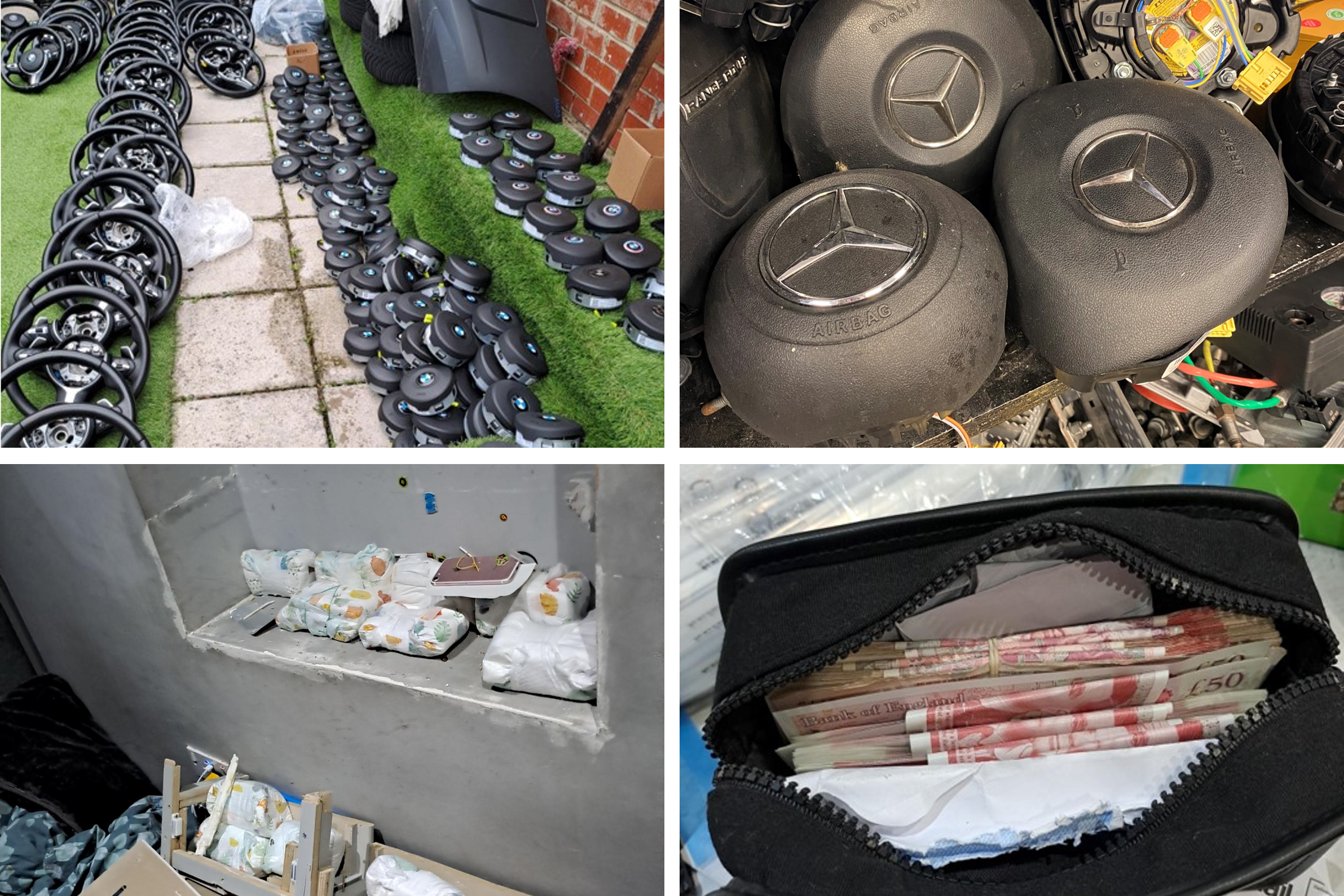 City of London Police carried out early morning raids and seized 500 counterfeit airbags and £140,000 in cash (City of London Police/PA)