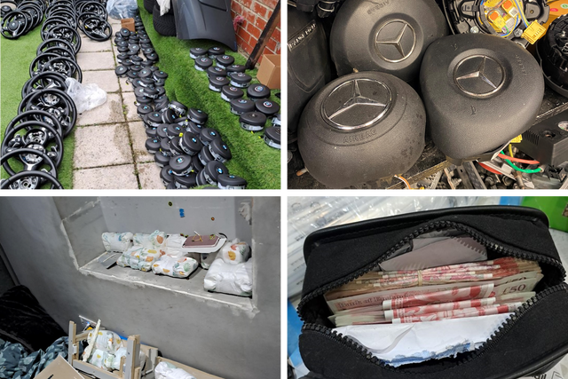 City of London Police carried out early morning raids and seized 500 counterfeit airbags and £140,000 in cash (City of London Police/PA)