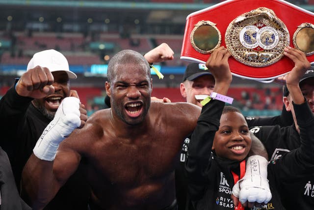 <p>Daniel Dubois celebrates after defeating fellow Briton Anthony Joshua at Wembley Stadium on Saturday evening </p>