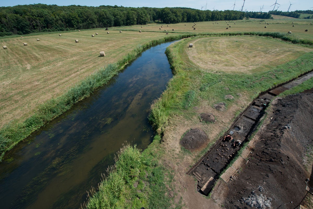 This aerial view shows north-east Germany’s Tollense Valley and the archaeological excavations that have been unearthing the secrets of Bronze Age warfare.