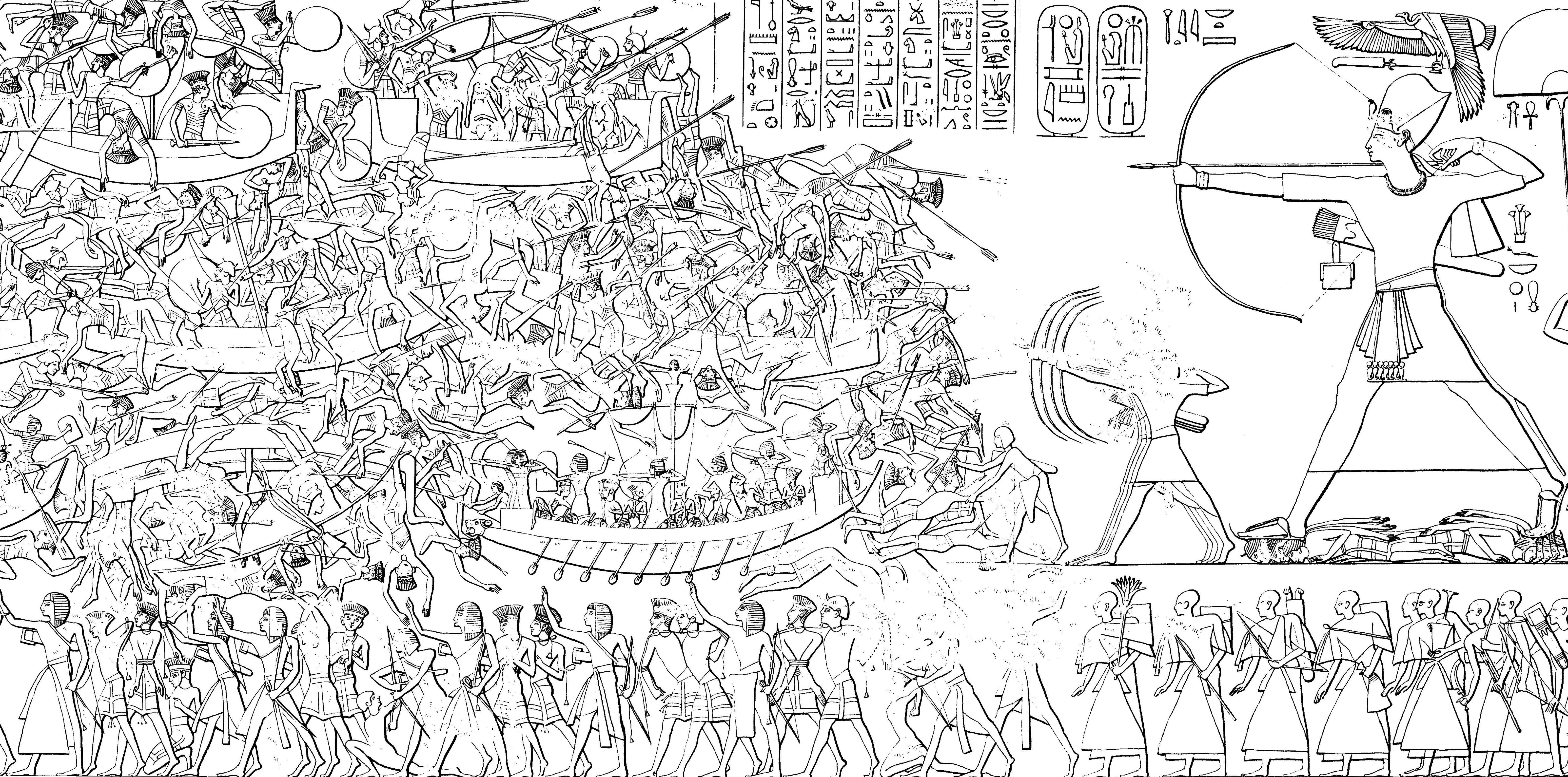 This dramatic early-to-mid 12th century image, recording a scene portrayed on a temple wall at Medinet Habu (near Luxor) symbolizes the decline of Ancient Egypt during the Late Bronze Age Collapse. The image portrays a battle between Egyptian troops and warriors of the insurgent Sea Peoples, who arrived by sea, probably from the islands of Mediterranean Europe