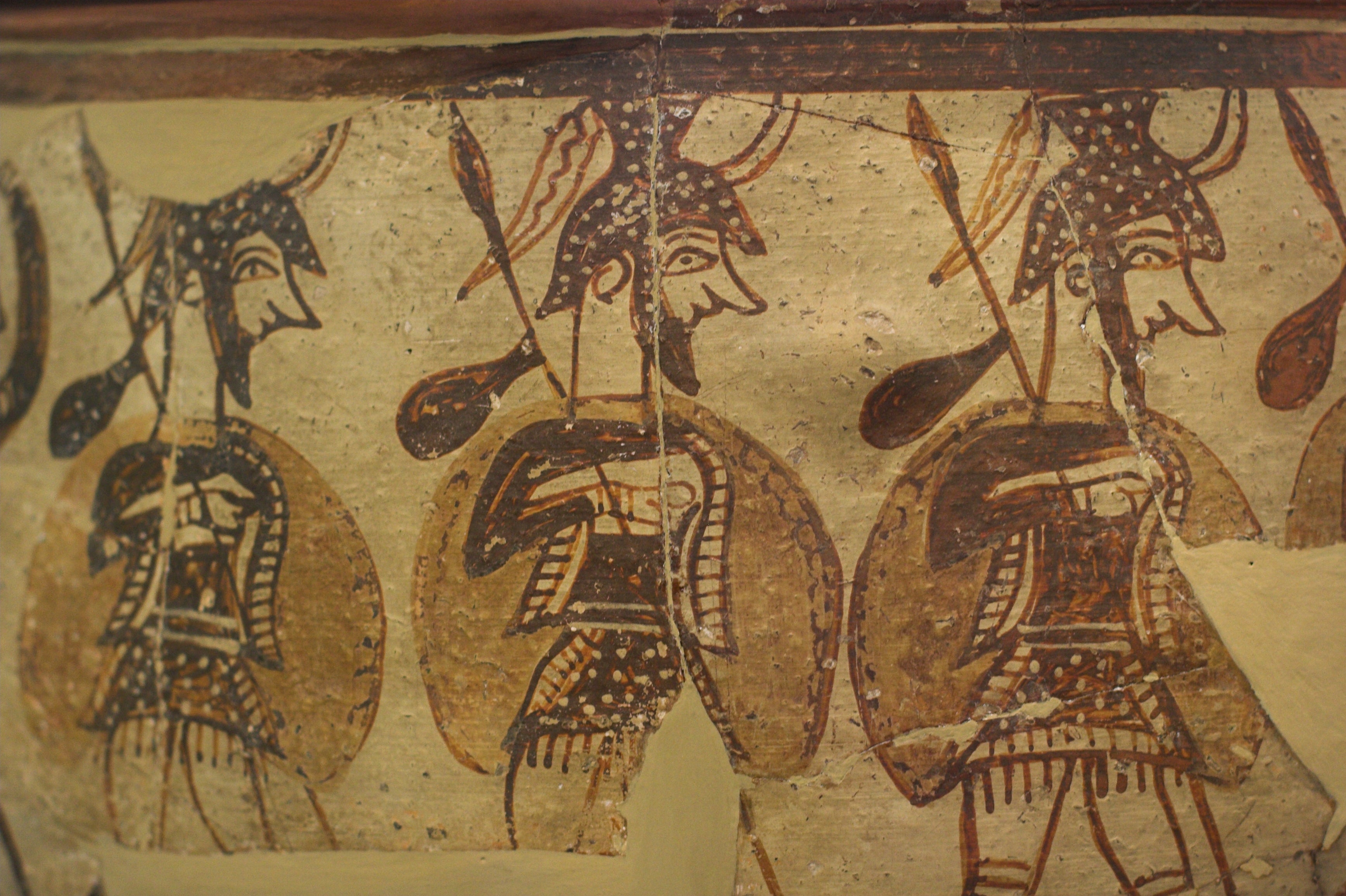 In the late 13th and early 12th centuries BC, Greece's powerful Mycenaean civilization fell as a result of political instability and conflict. These Mycenaean soldiers, painted on a 12th century BC pottery artifact (now in the National Archaeological Museum of Athens), hint at the widespread insecurity of the Late Bronze Age Collapse