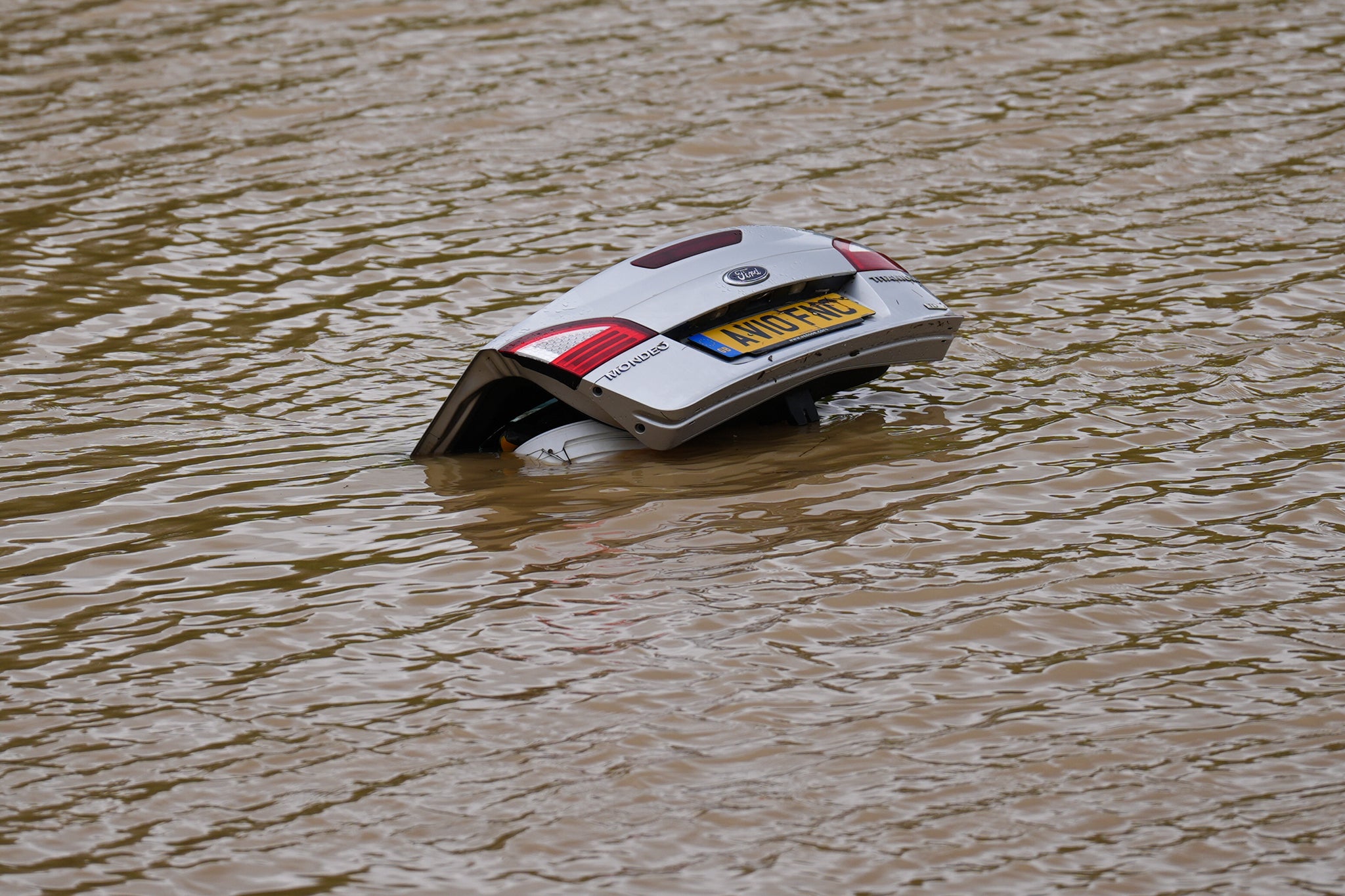 A sunken car in the floods in England