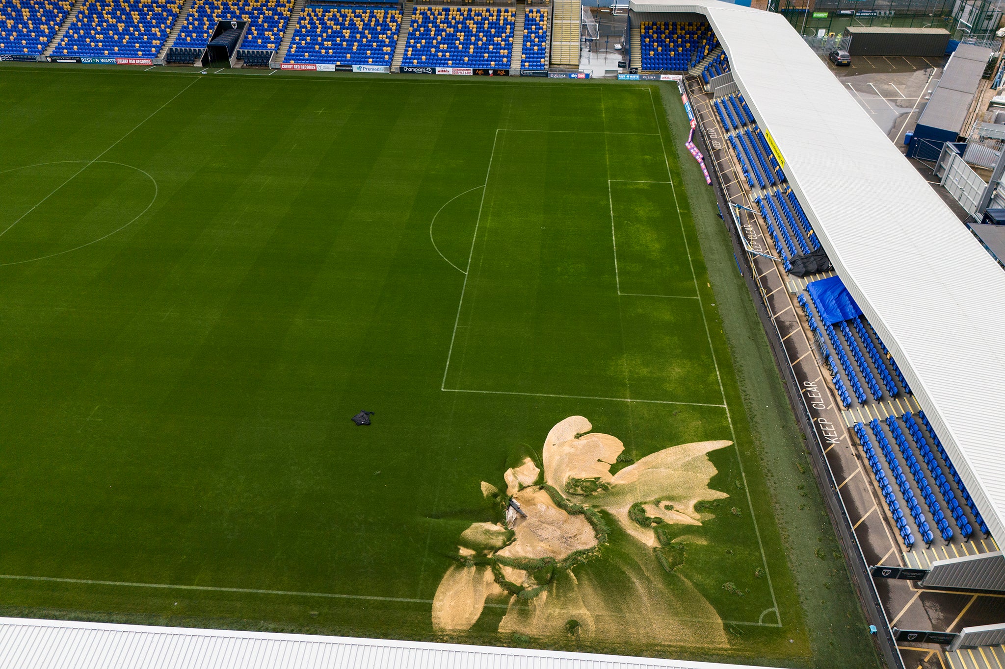 A sinkhole pictured on the pitch