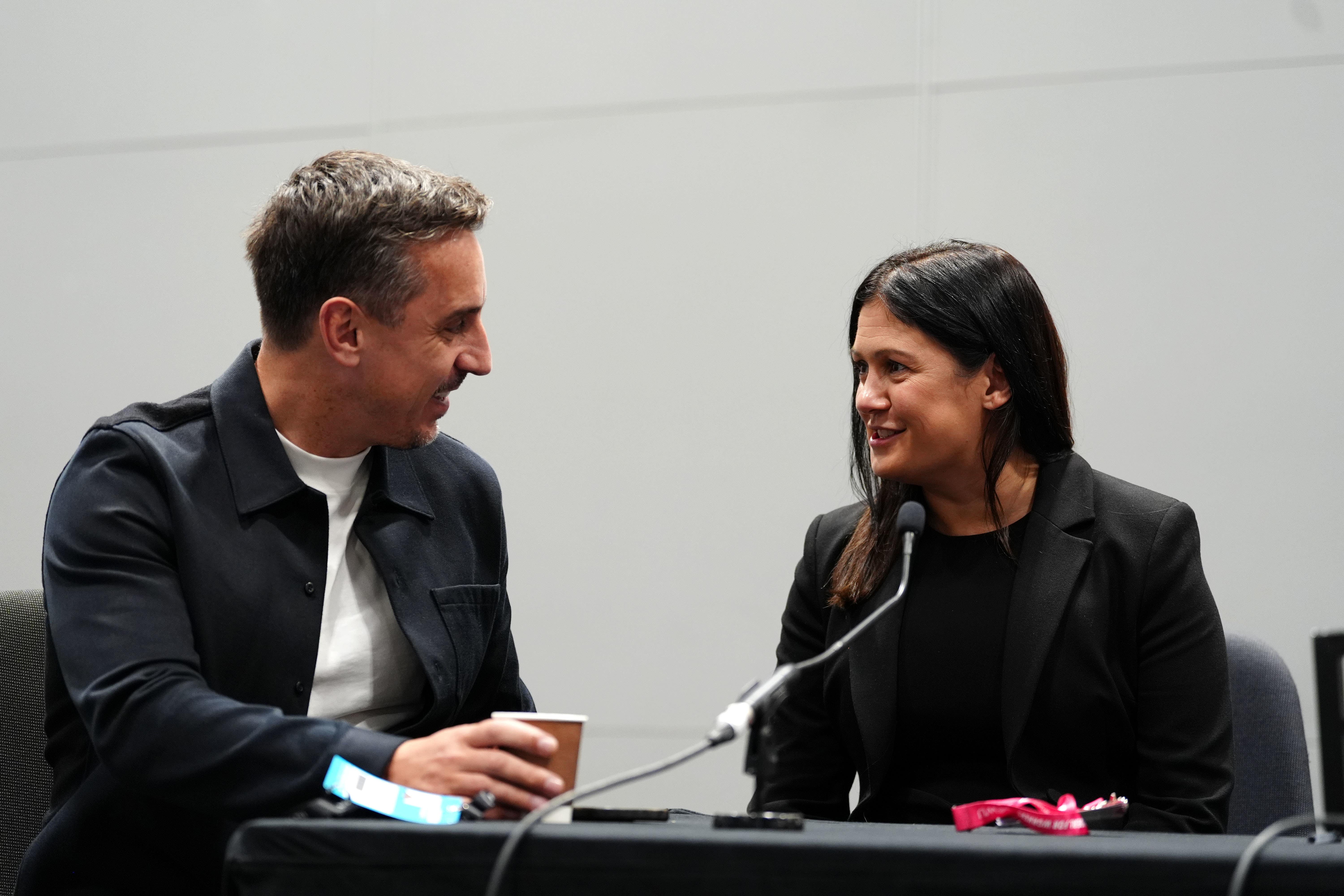 Gary Neville, pictured with Lisa Nandy, suggested the Premier League was using its influence to create ‘scare stories’ about plans for an independent football regulator (Peter Byrne/PA)