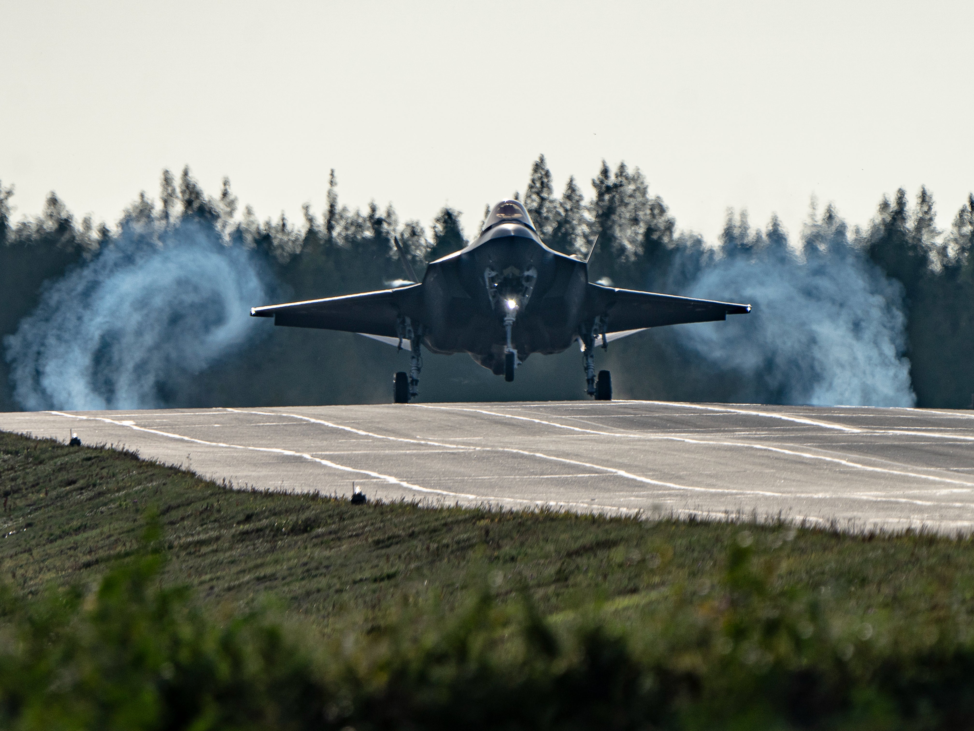 Two US Air Force F-35 Lightning II aircraft make history by landing on a highway strip during an exercise in Finland