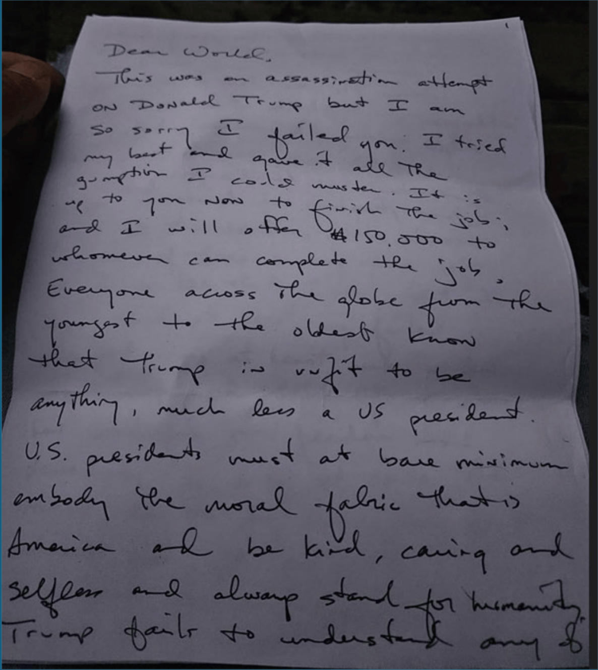 The handwritten note Ryan Routh penned in advance of his botched attempt on Donald Trump’s life, according to a new court filing