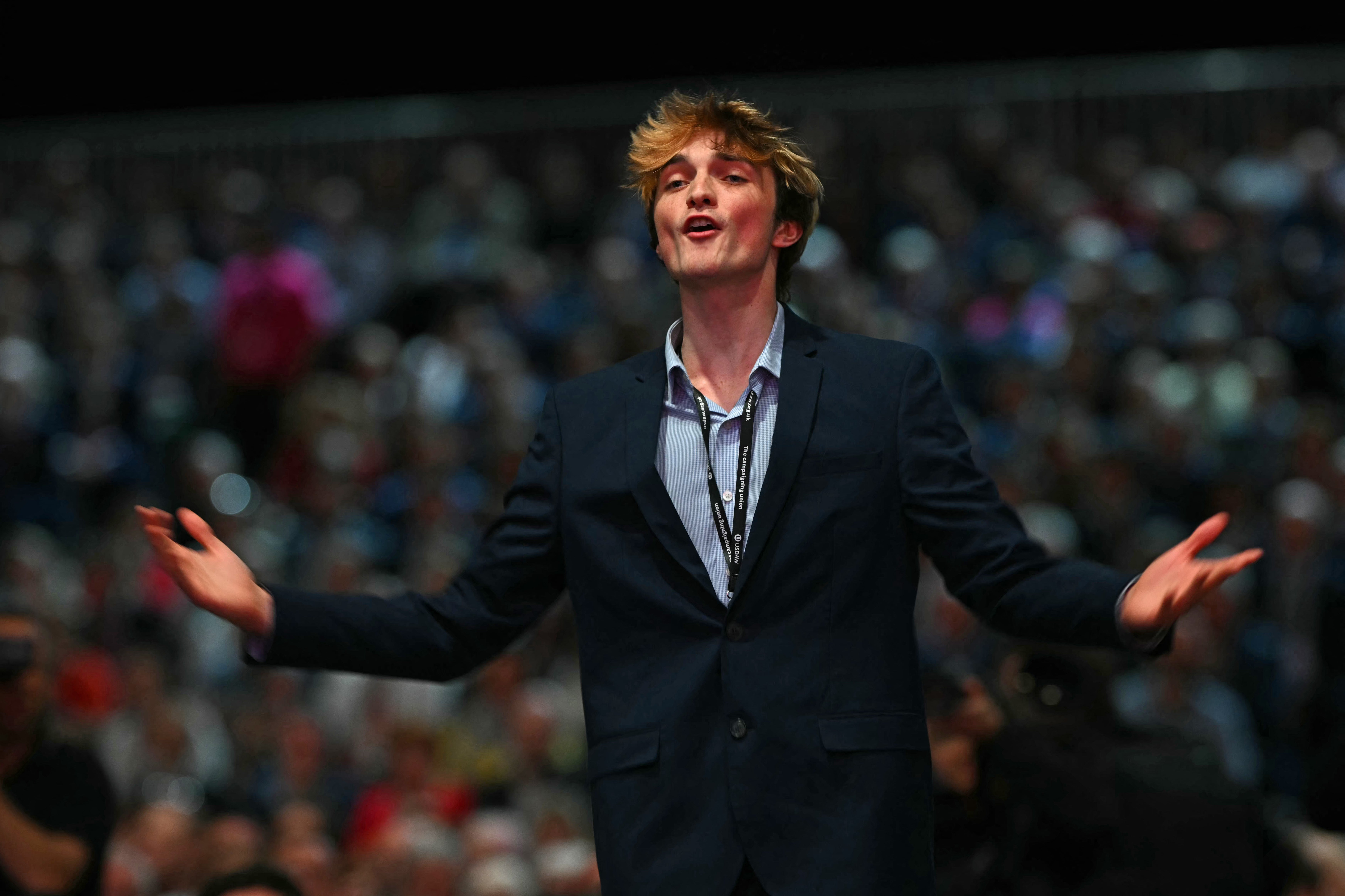 A pro-Palestine protester interupts Britain's Chancellor of the Exchequer Rachel Reeves making her speech