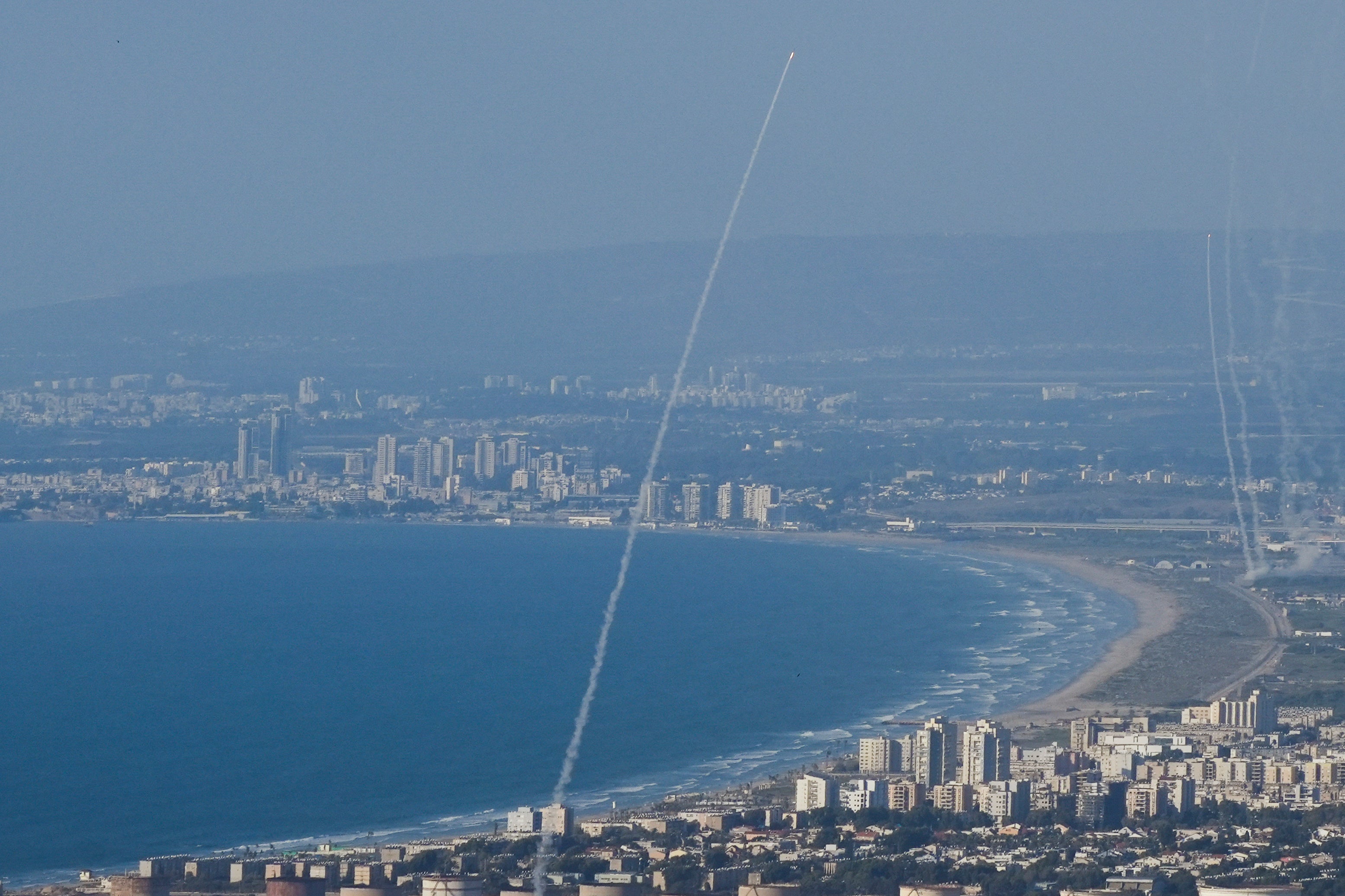 Israeli Iron Dome air defense system fires to intercept rockets that were launched from Lebanon, in northern Israel