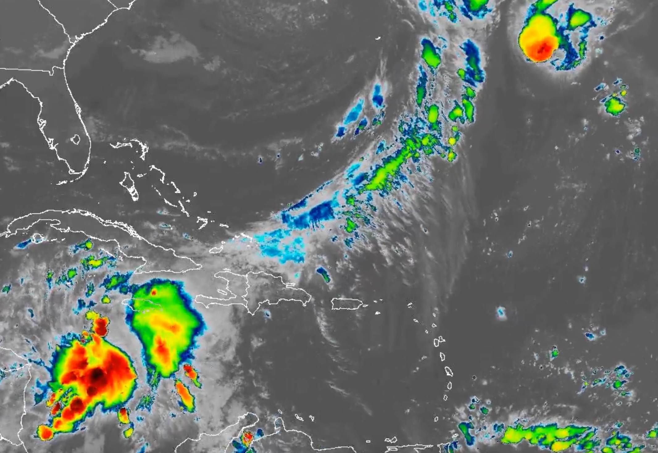 Satellite imagery from NOAA shows Potential Tropical Cyclone Nine on Monday. The disturbance will strengthen into near-hurricane strength when it reaches the northwestern Caribbean Sea on Tuesday night. Tropical storm conditions are expected for Cuba and the Yucatan Peninsula, with hurricane conditions also possible