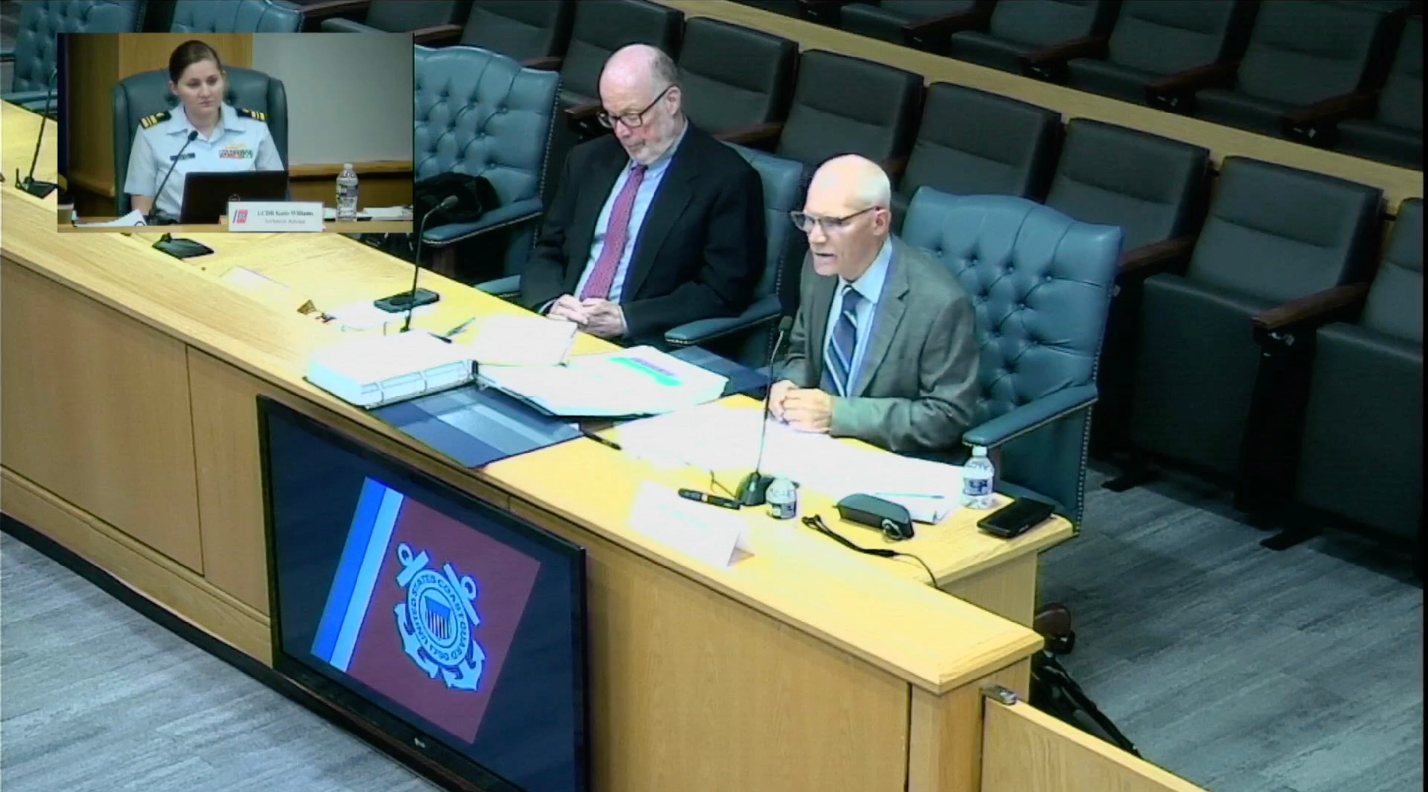 Phil Brooks, right, former OceanGate engineer, testifying before the US Coast Guard on Monday