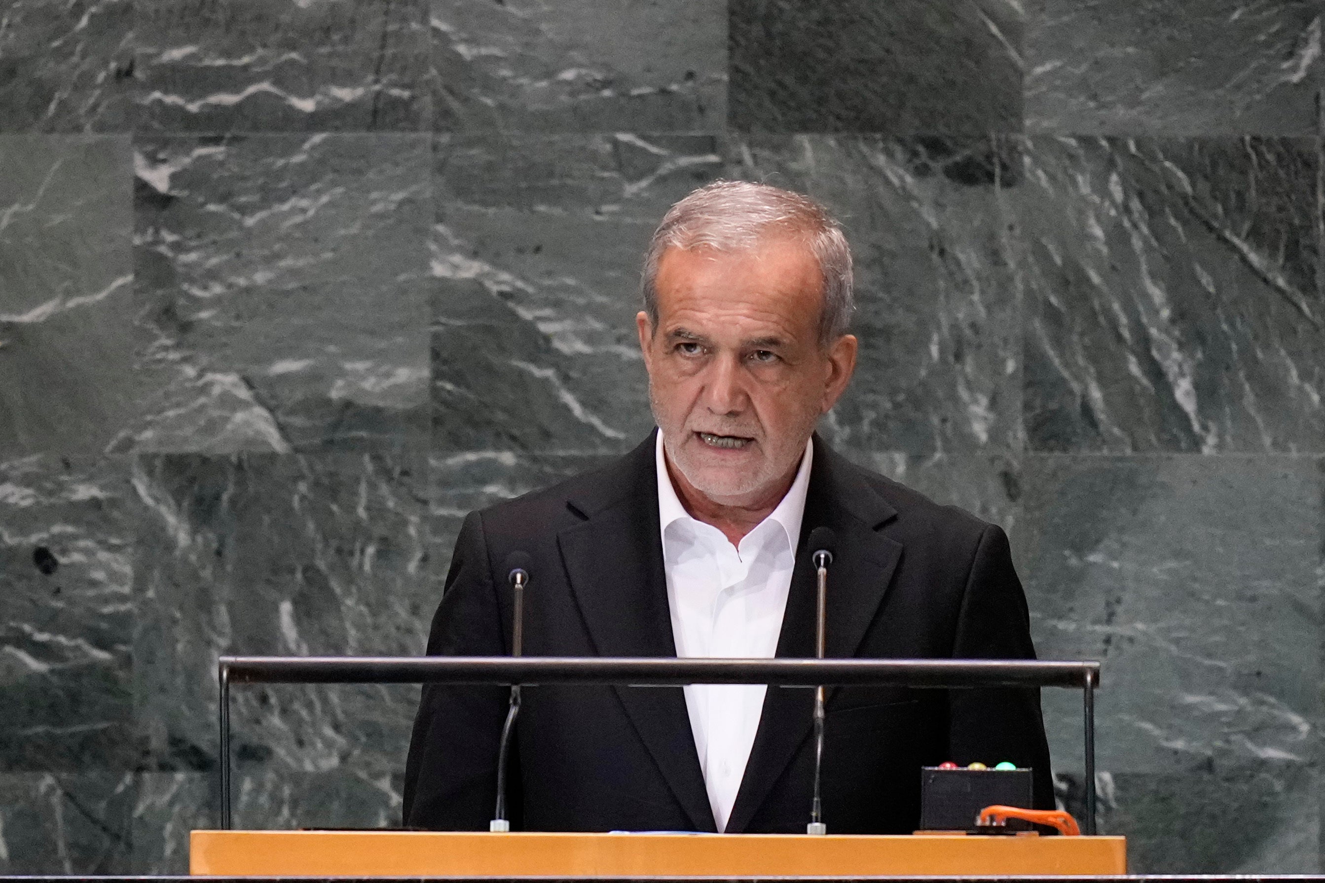 Iran's President Masoud Pezeshkian addresses the the Summit of the Future at tje UN headquarters on Monday