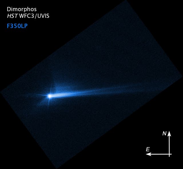 <p>NASA’s Hubble Space Telescope captures debris blasted from the surface of asteroid Dimorphos following the agency’s DART mission. This image was taken the month after the test. Scientist Nathan Moore said his study showed a similar effect, when a mock asteroid made of silica was hit with X-ray pulses. In a study published this September, Moore and his team used Sandia National Laboratory’s Z machine. </p>