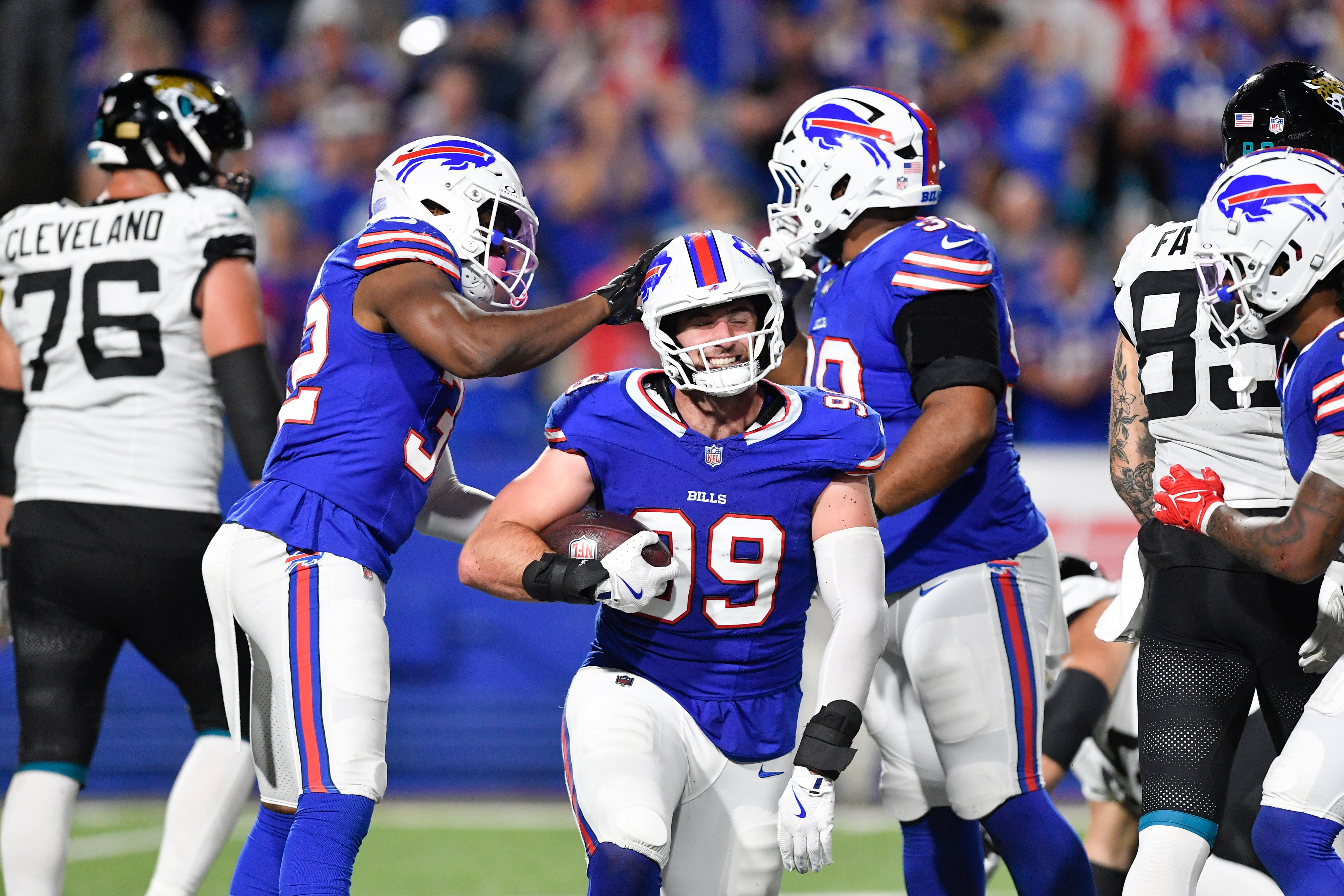 Buffalo Bills defensive end Casey Toohill recovers a fumble by Jacksonville Jaguars quarterback Mac Jones. (Adrian Kraus/AP)