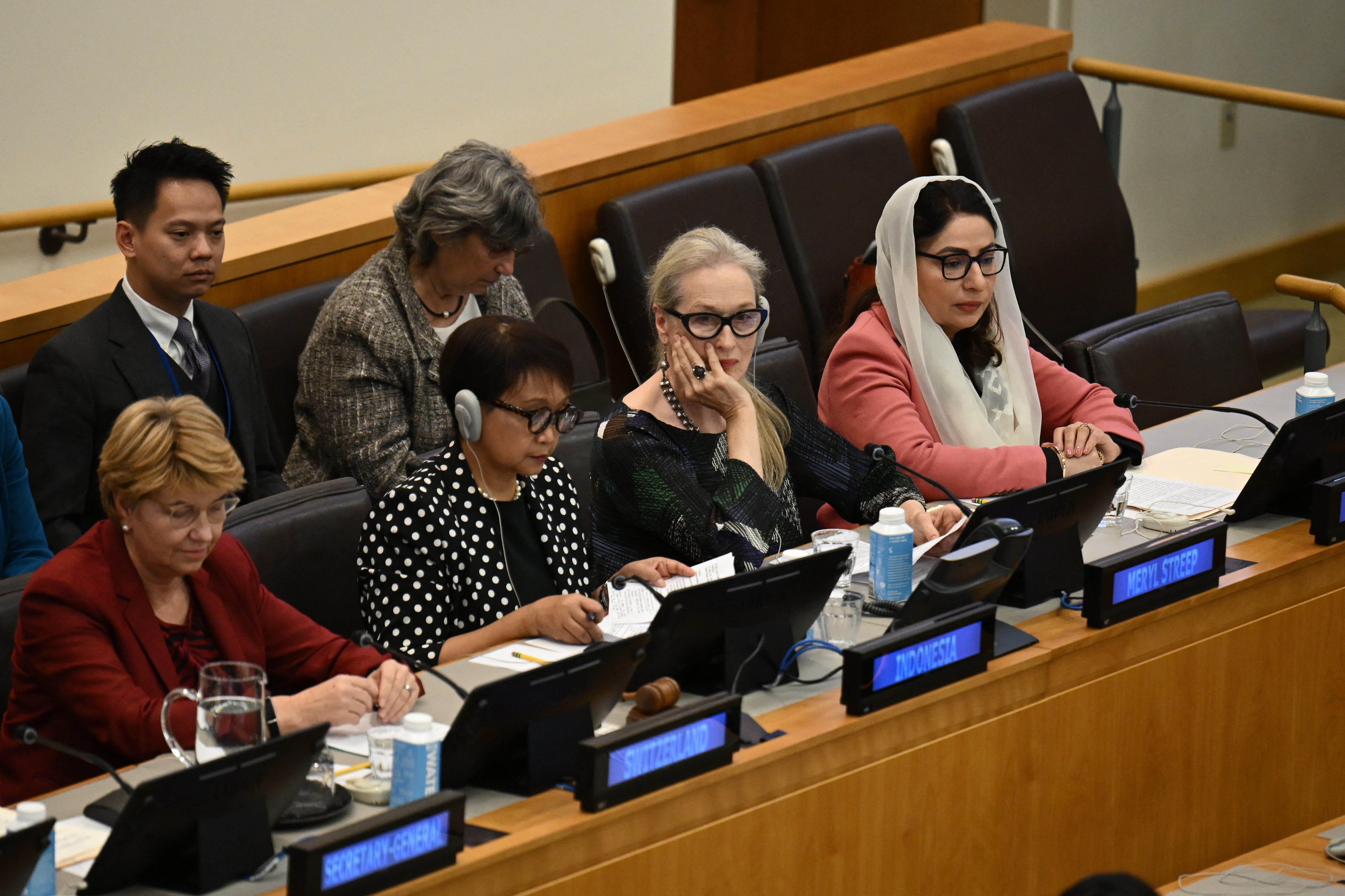 Meryl Streep listens to speakers at an event for Afghan women held at UN Headquarters in New York