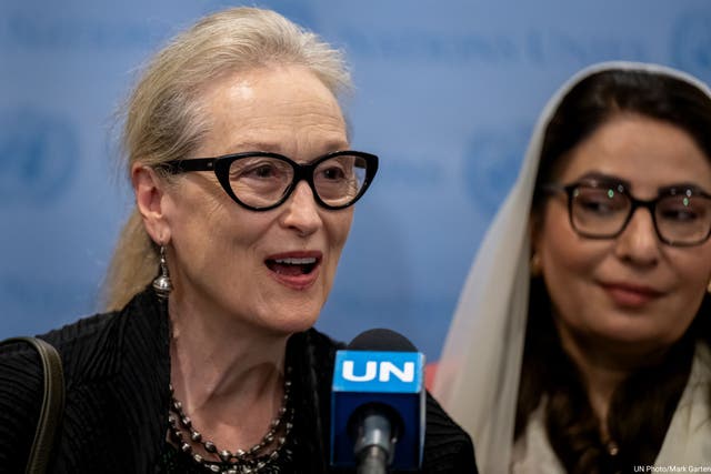 <p>US actress Meryl Streep arrives for an event on ‘The Inclusion of Women in the Future of Afghanistan’ on the sidelines of the UNGA at UN Headquarters in New York City</p>