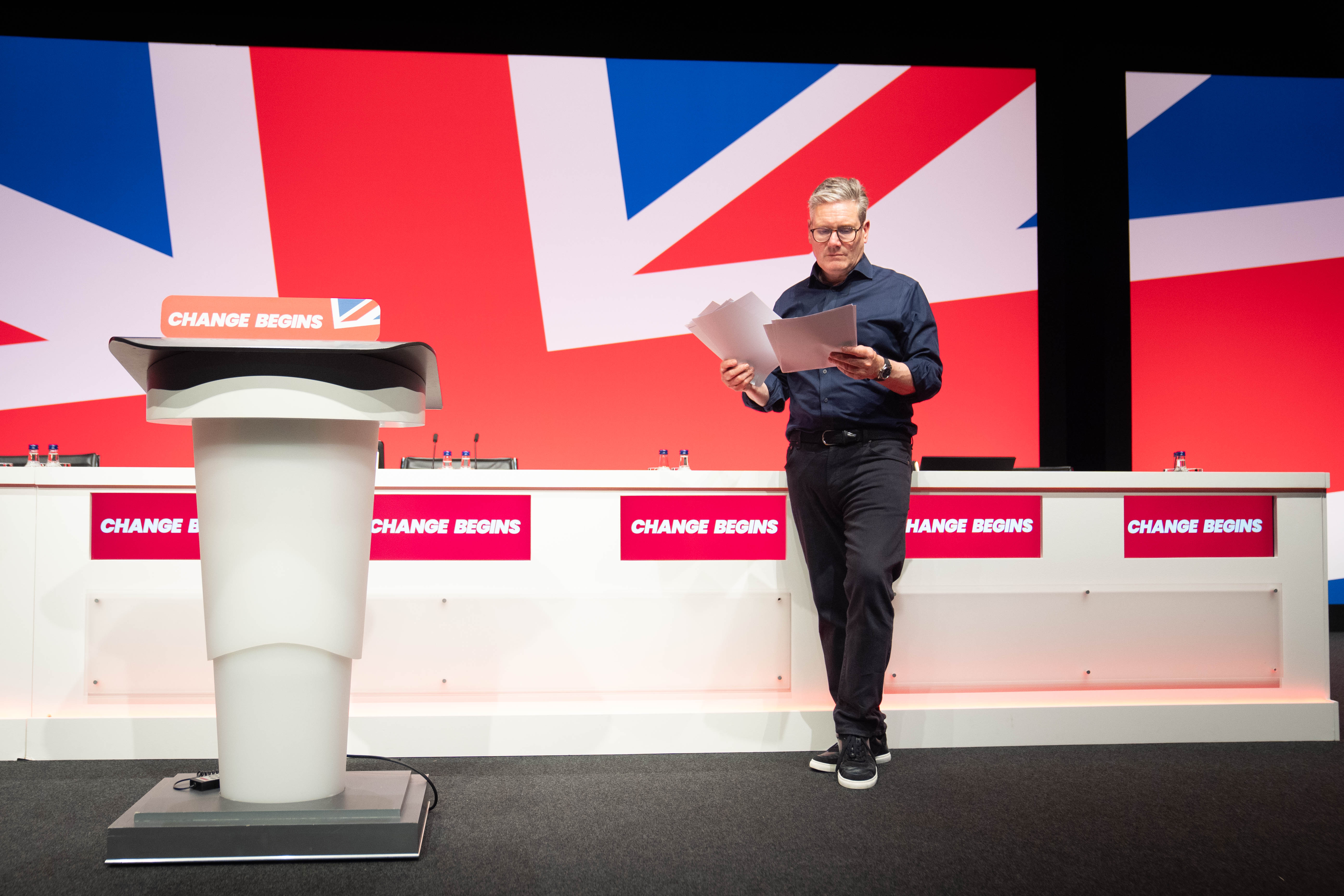 Sir Keir Starmer rehearses his keynote speech which he will deliver to the Labour Party Conference