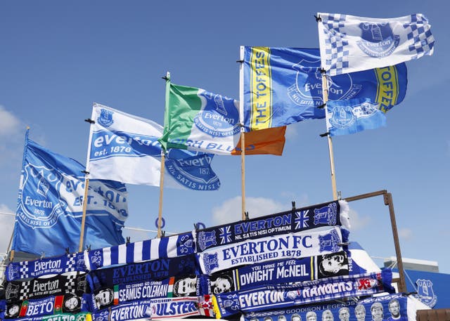 <p>Everton flags and scarves on sale outside Goodison Park</p>