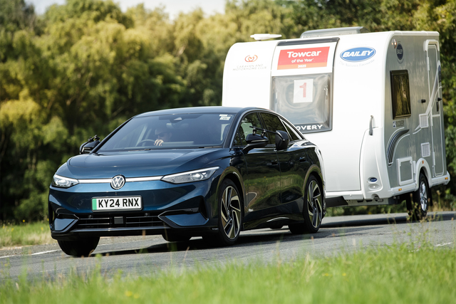 <p>The Volkswagen ID.7 won the 1,200kg caravan weight category at the Towcar of the Year Award 2025</p>