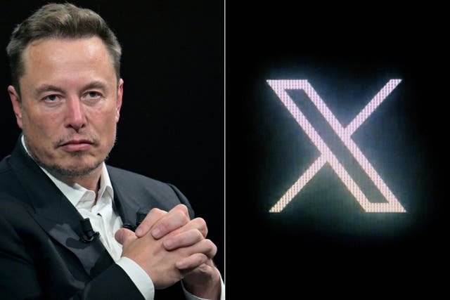 <p>Elon Musk during a visit to Paris, on 16 June, 2023, alongside the X logo</p>