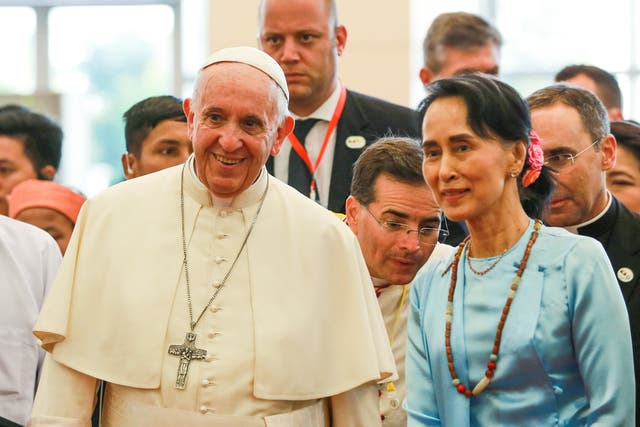 <p>File: Pope Francis with Aung San Suu Kyi at an event in Naypyidaw, Myanmar, in 2017 </p>