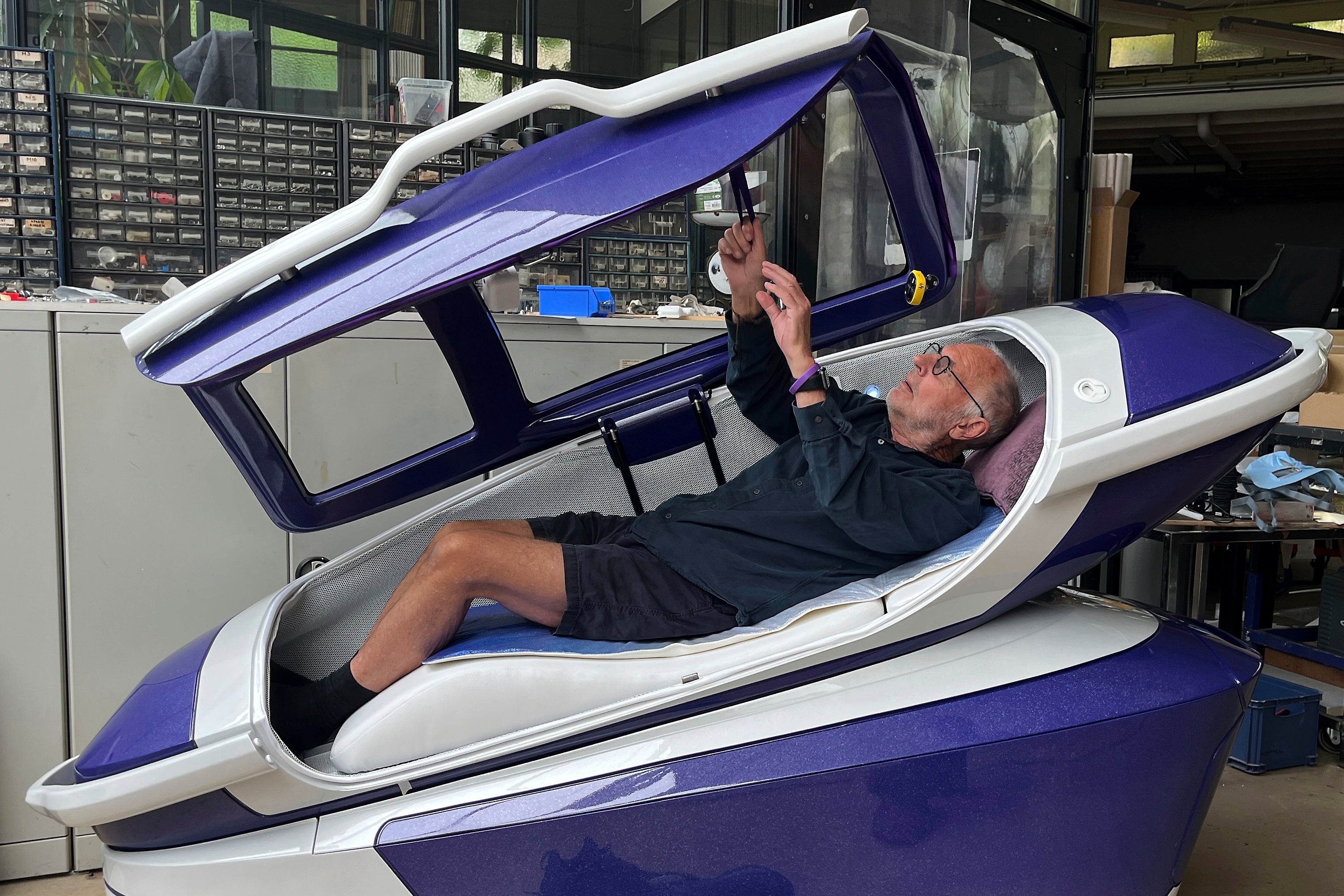 The inventor of the pod Philip Nitschke enters 'The Sarco' in Rotterdam, The Netherlands