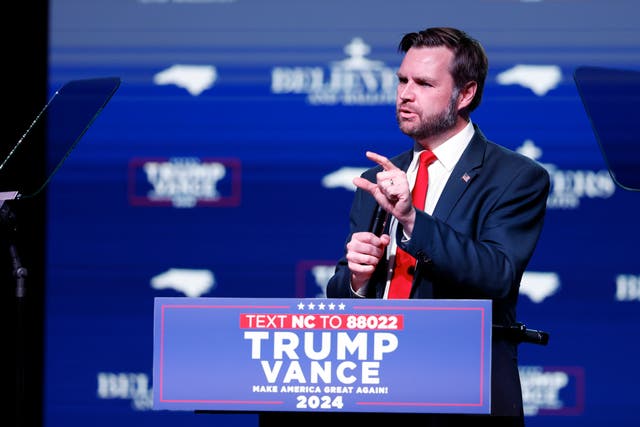 <p>Republican vice presidential nominee Sen. JD Vance, R-Ohio, speaks at a campaign event in Charlotte, North Carolina.  He continues to pushing a debunked story about Haitian migrants eating pets </p>