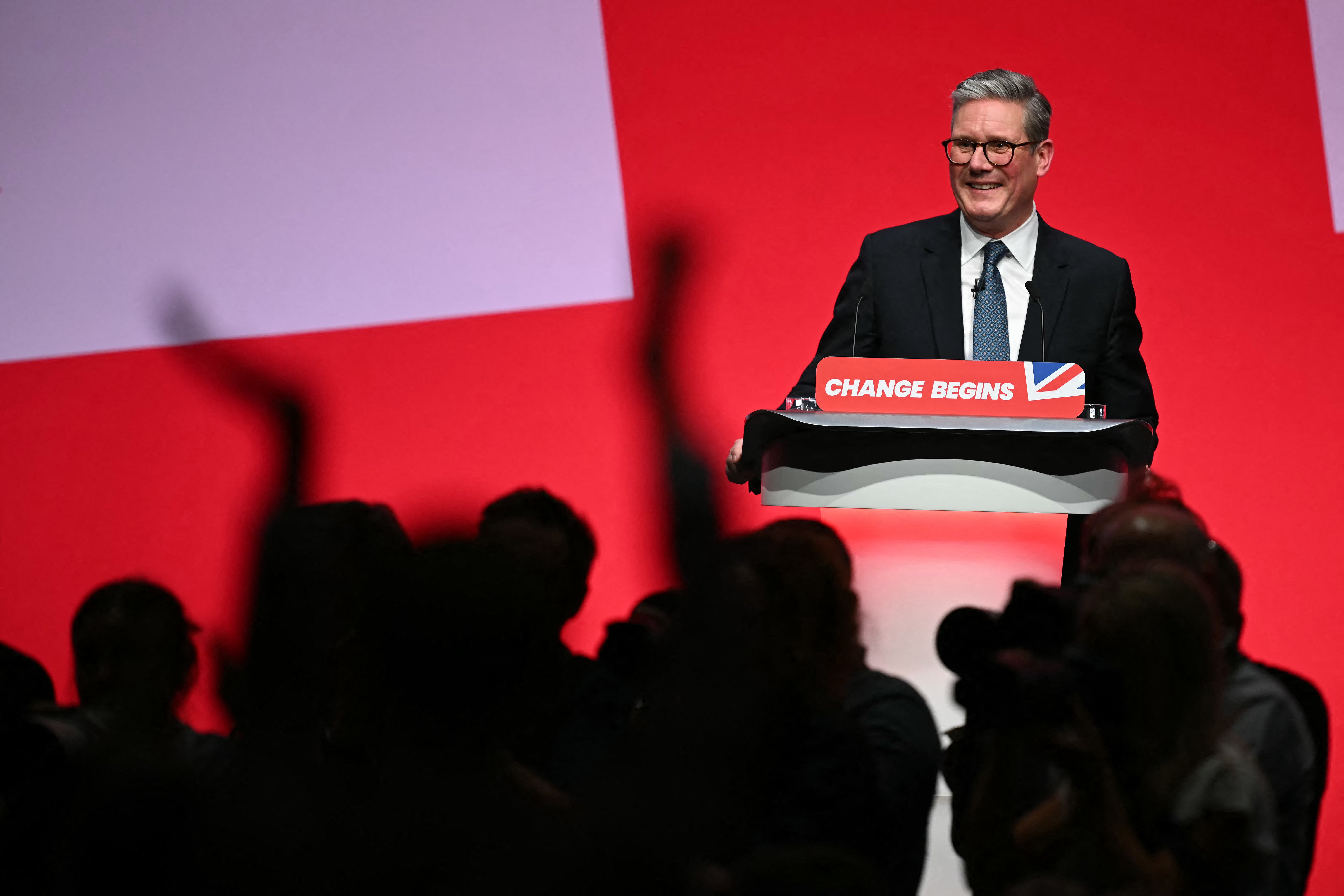 Keir Starmer reacts as he is heckled by a protestor whilst delivering his keynote speech on the third day of the annual Labour Party conference in Liverpool