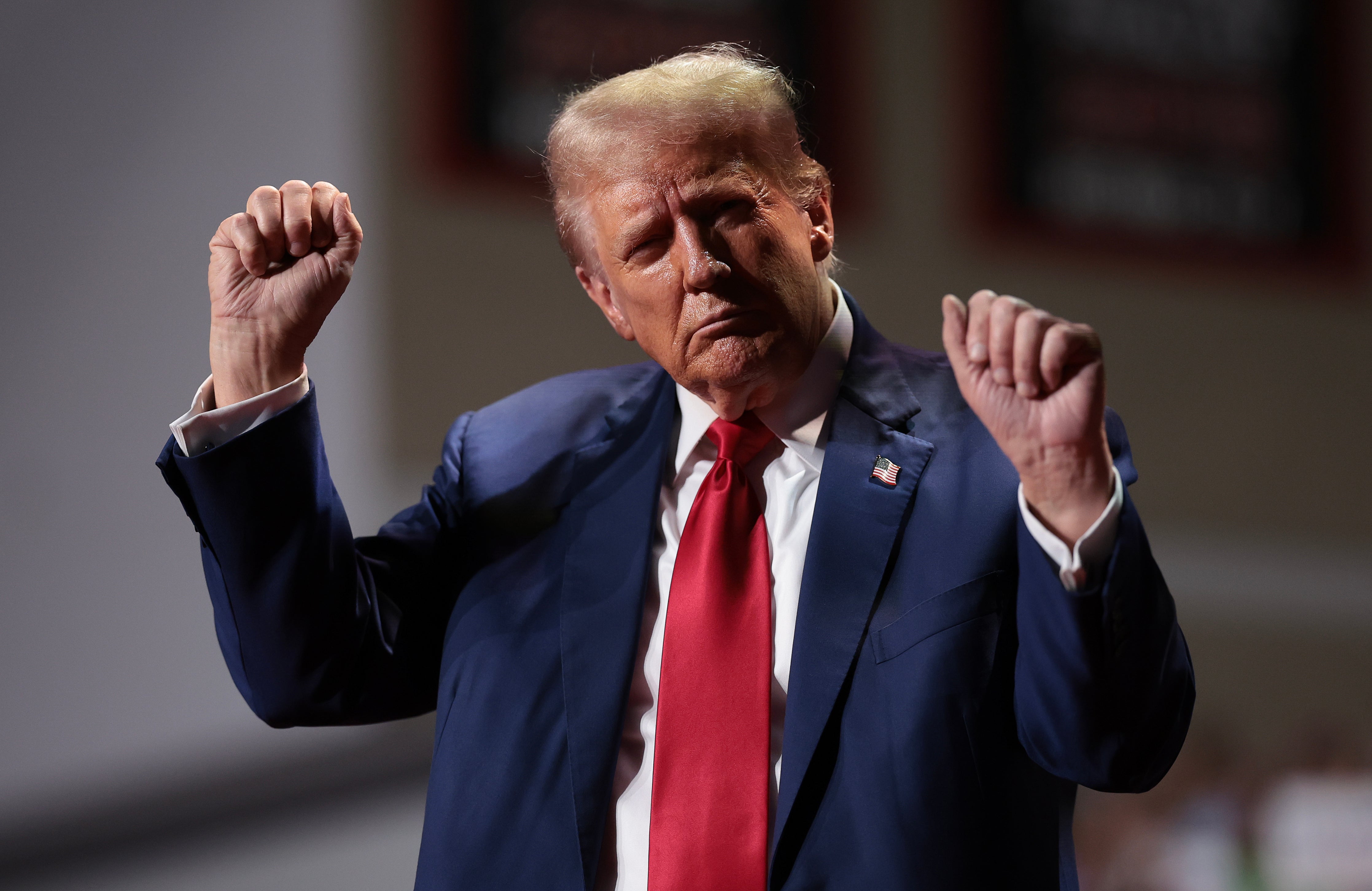 Republican presidential nominee, former U.S. President Donald Trump, dances on stage as he finishes speaking at a campaign rally at the Ed Fry Arena September 23, 2024 in Indiana, Pennsylvania