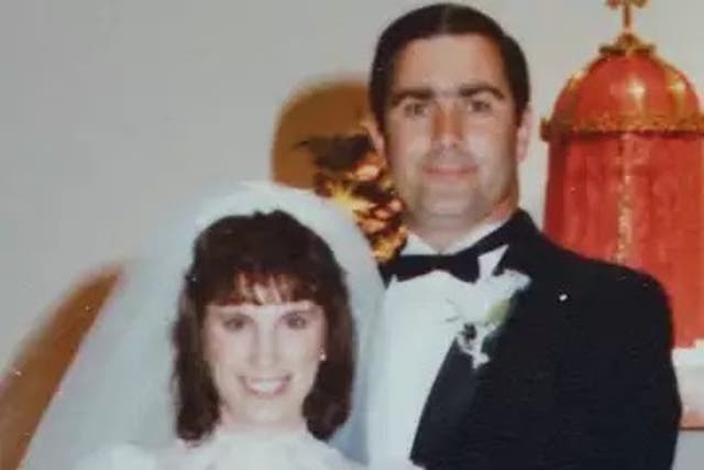 <p>Peter Bergna pictured with his new bride, Rinette, about 11 years before he killed her </p>