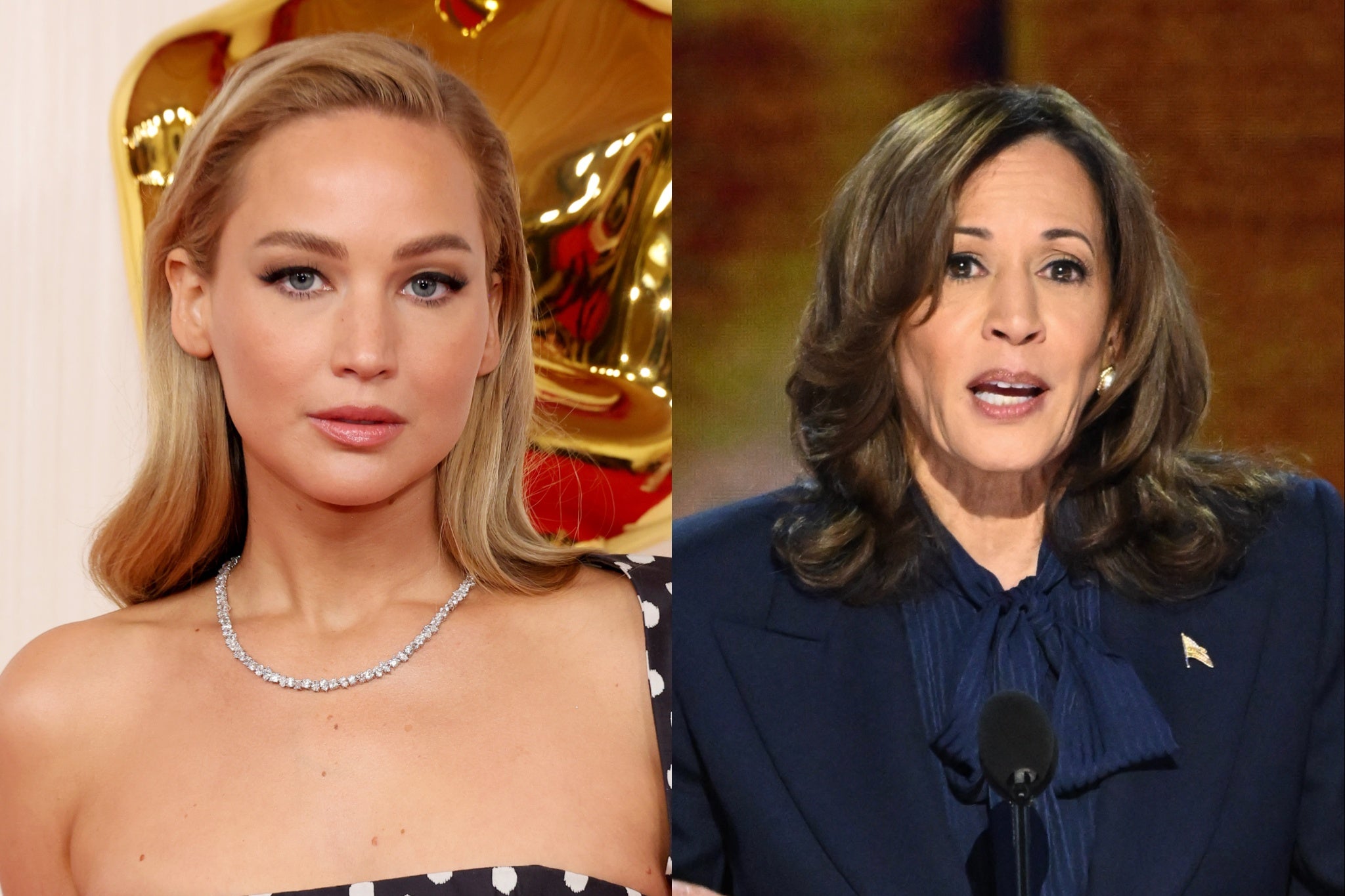 Jennifer Lawrence (à esquerda) apoiou Kamala Harris na corrida presidencial