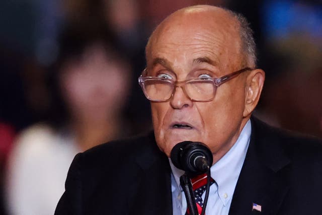 <p>Former mayor of New York City and former Trump lawyer Rudy Giuliani is pictured at the Nassau Veterans Memorial Coliseum during a rally held by Republican presidential nominees and former U.S. President Donald Trump, in Uniondale, New York, U.S., September 18, 2024. REUTERS/Brendan McDermid</p>