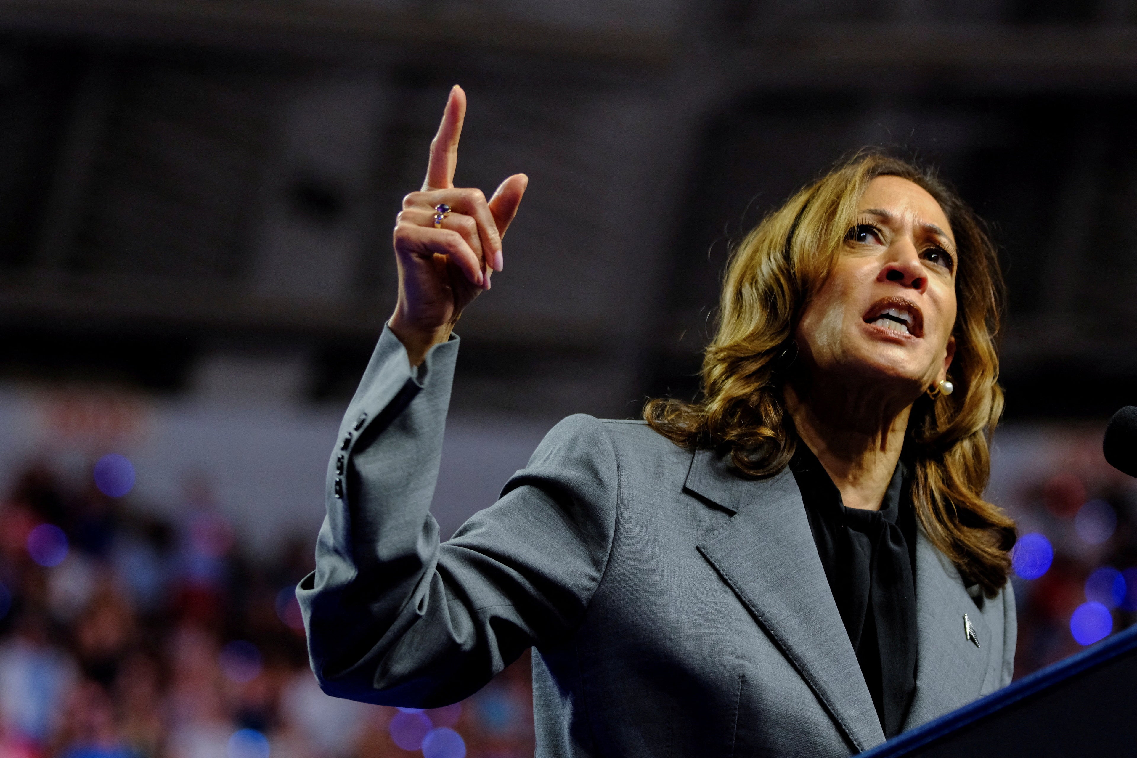 Democratic presidential nominee and U.S. Vice President Kamala Harris gestures as she speaks during a campaign event in Wisconsin. The Republican state party chairs in Maine have now endorsed her for president