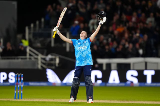 Harry Brook celebrates his century against Australia (Owen Humphreys/PA)