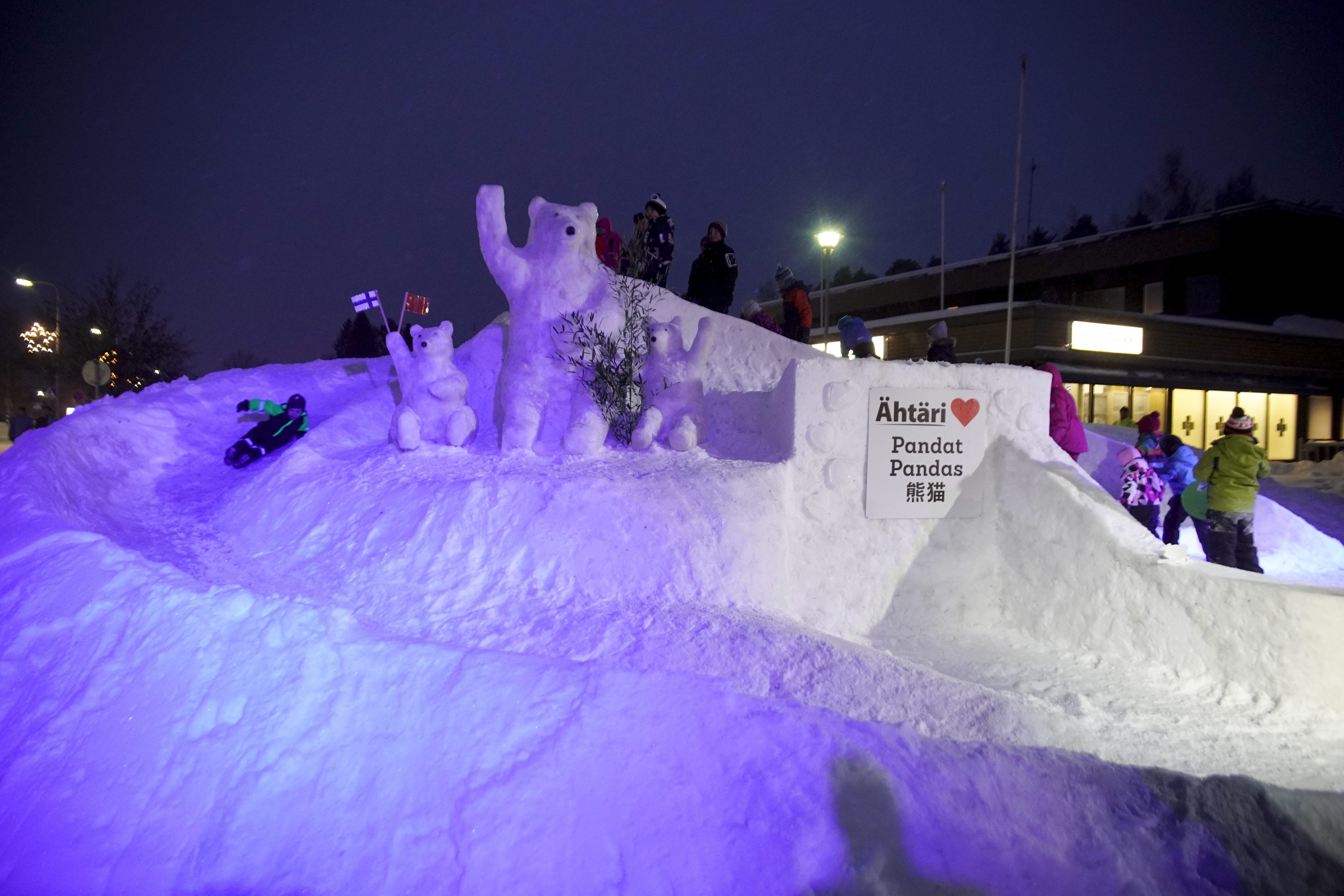 An crystal  sculpture features pandas during a carnival organised to invited  the 2  elephantine  pandas from China to Finland connected  18 January 2018