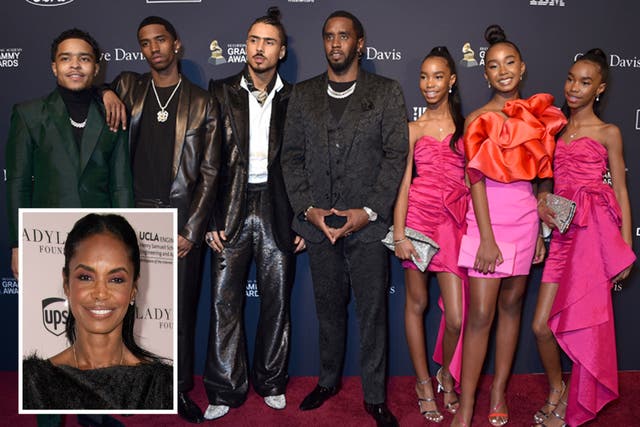 <p>Diddy and Kim Porter (inset) had three children together. The rapper also adopted her eldest son Quincy (from left to right, Justin, Christian , Quincy, Diddy, D’Lila, Chance and Jessie) </p>