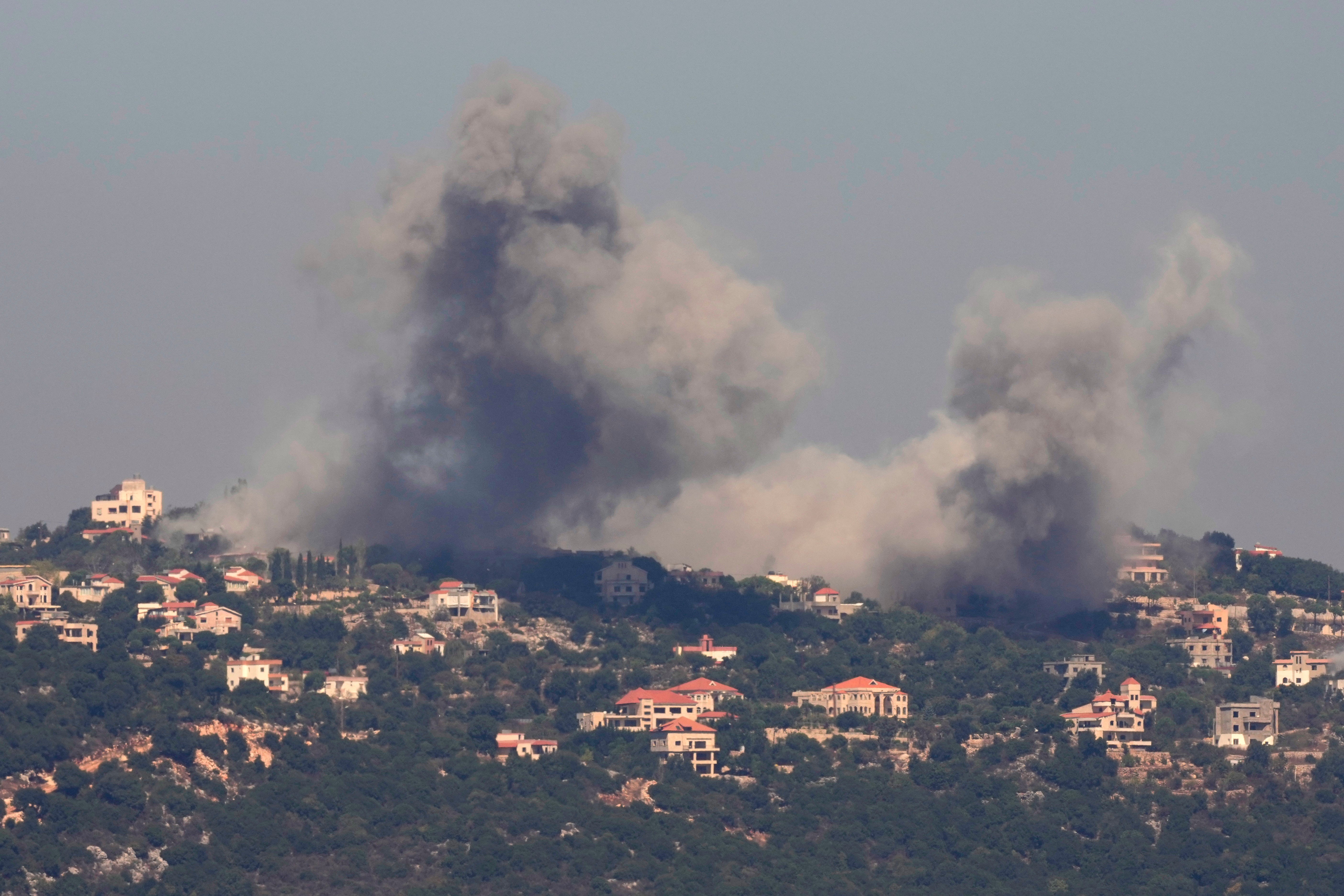 Smoke rises from Israeli airstrikes in the southern village of Haboush, Nabatieh district, seen from Marjayoun, Lebanon