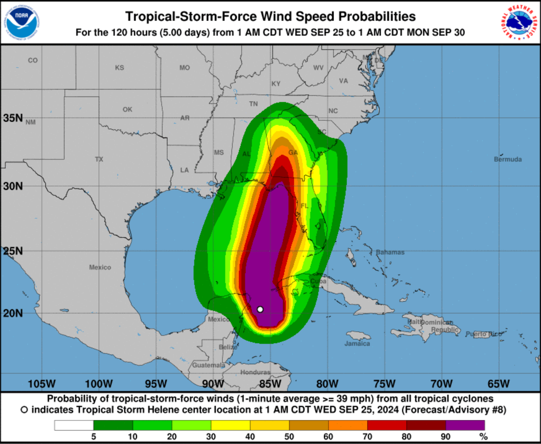 The National Hurricane Center has tracked prospective windspeed over the next five days