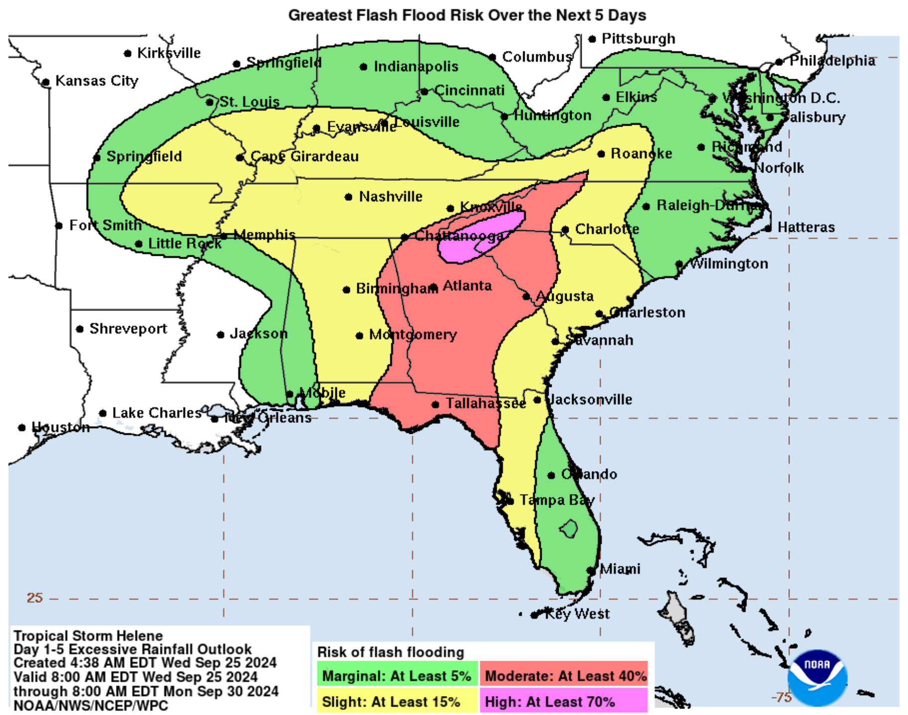 Flash flood risks are at 70 per cent in some parts of southeastern US