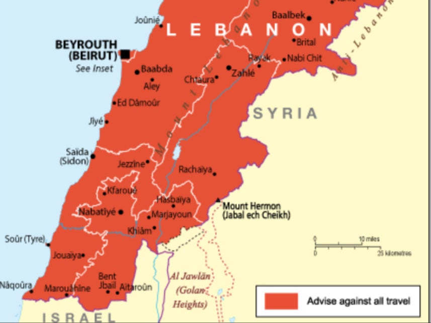 Map of Lebanon with Foreign Office advice