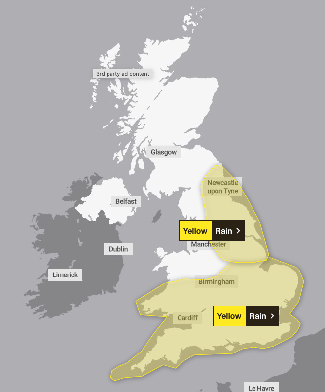 The forecasters have issued two yellow weather warning for rain covering large swathes of the country on Thursday and Friday.