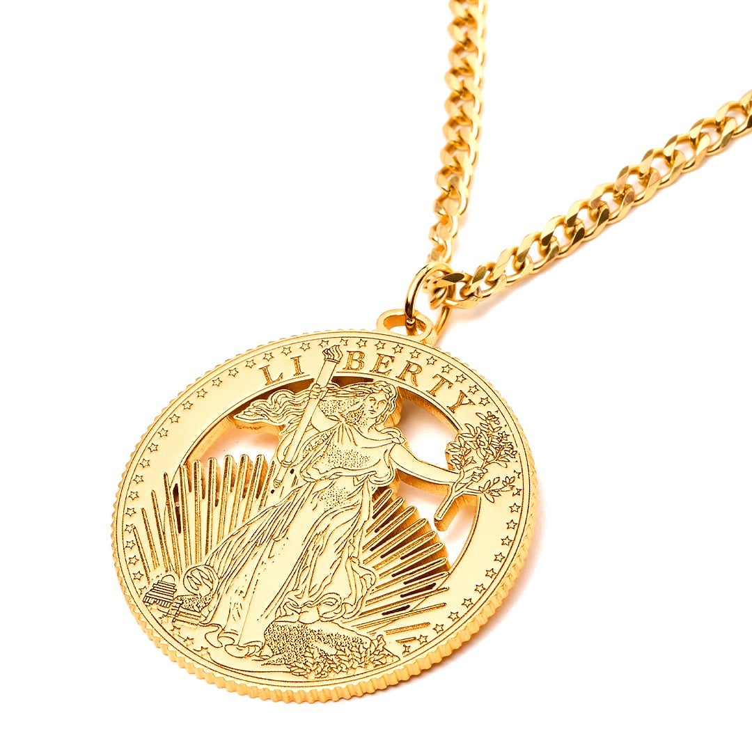 The necklace, available for $600, features an engraving of Lady Liberty