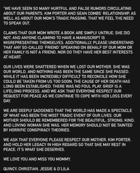 Quincy, Diddy's adopted son and eldest of Porter's children, released a detailed statement on behalf of his siblings on Tuesday