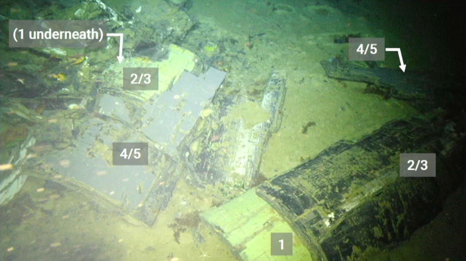 An underwater image of wreckage from the Titan sub, which imploded in 2023 and killed all five people on board