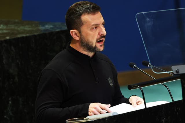 <p>Ukrainian president Volodymyr Zelensky speaks during the United Nations General Assembly on Wednesday </p>