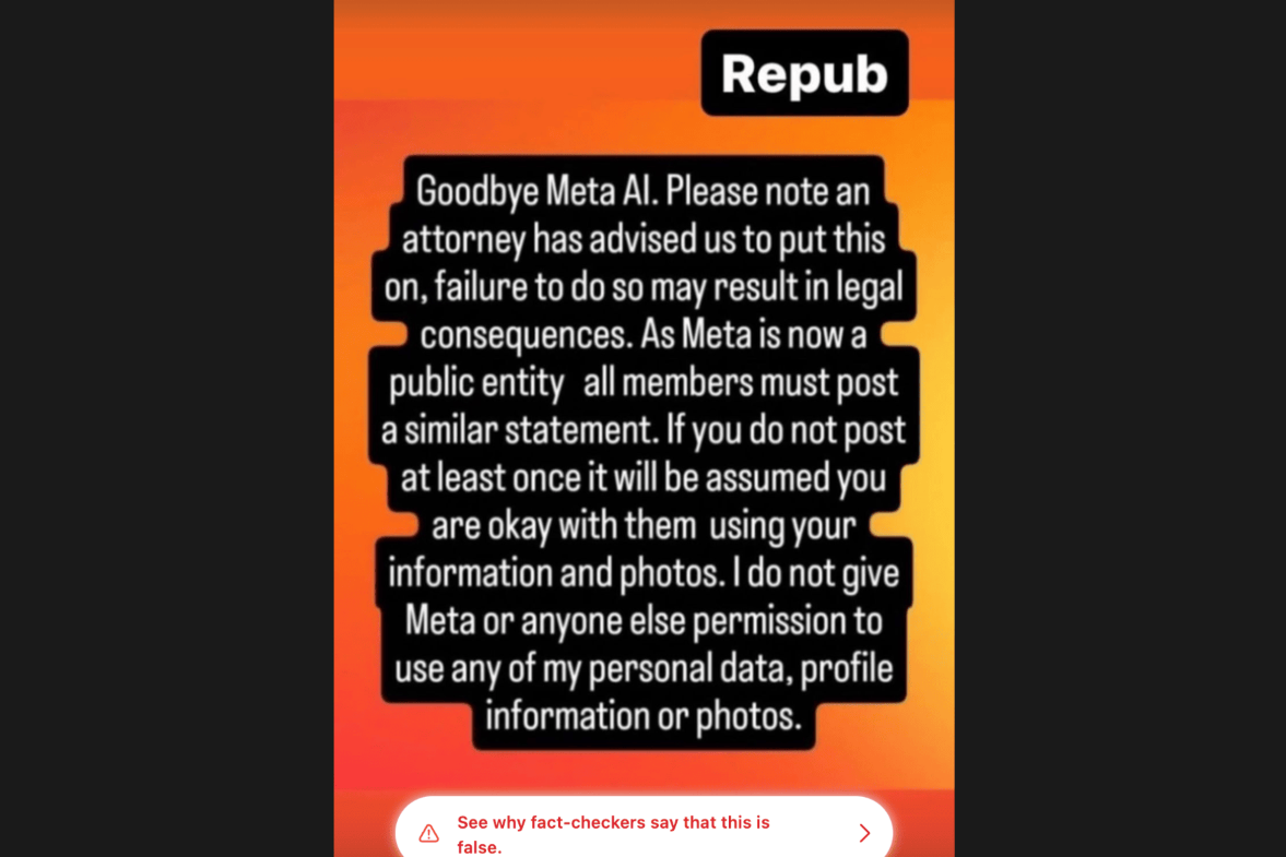 A screenshot of the hoax ‘Goodbye Meta AI’ viral post on Instagram