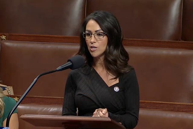 <p>Colorado Representative Lauren Boebert on the House floor on Tuesday, September 24, 2024. She called a bird species ‘ugly’ when taking issue with the Biden administration’s newly-unveiled plans to conserve land to protect another animal </p>