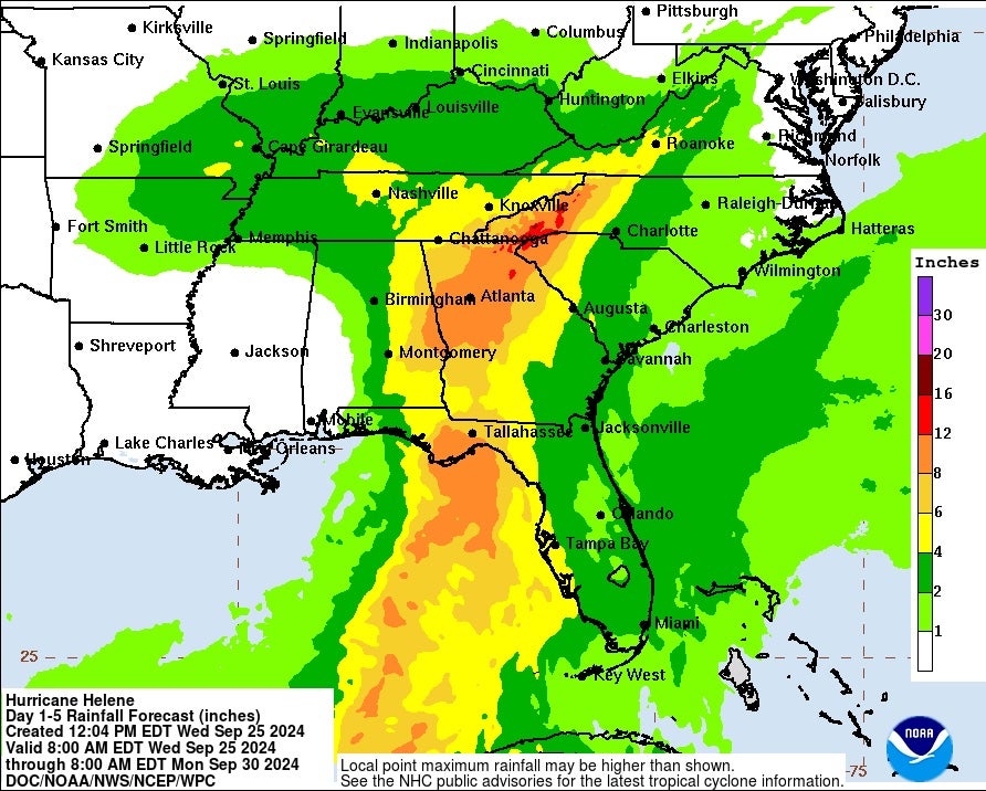 A map of forecasted Hurricane Helene rainfall levels. The storm will make landfall in Florida on Thursday