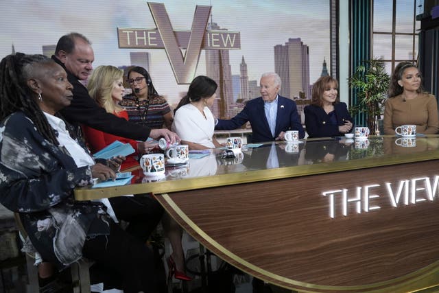 <p>President Joe Biden joins ABC's "The View" for a live interview in New York, Wednesday, Sept. 25, 2024. With the President are Whoopi Goldberg, Joy Behar, Sunny Hostin, Sara Haines, Alyssa Farah Griffin and Ana Navarro. (AP Photo/Manuel Balce Ceneta)</p>